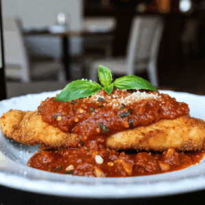 Chicken Parmigiana, Chicken Breast with Paprika, topped with our Red Pepper & Tomato Ragu, Fresh Basil & Parmesan