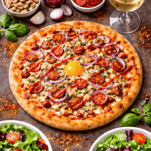 Pizza Al Tonno, with Tuna, Pepperoni, Onions & finished with Spicy Sriracha Sauce