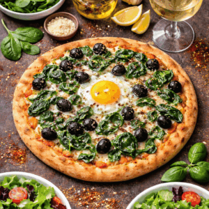 Florentina, with Spinach, Olives, Egg, Garlic oil & finished with Parmesan