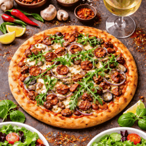 Nduja Pizza, with Nduja, Mushrooms & Red Onion, finished with Rocket