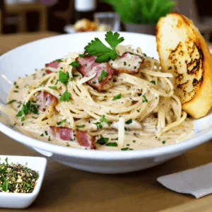 Chicken & Bacon Linguine in a creamy garlic sauce.