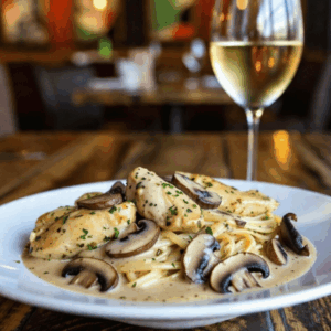 Chicken & Mushroom Alfredo with linguine in a garlic, parsley & cream sauce.