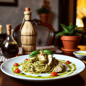 Pesto Chicken Linguine with a creamy basil pesto sauce & sprinkled with crushed nuts