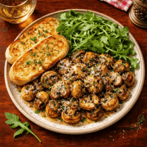 Pan Fried Garlic Mushrooms with toasted ciabatta & rocket.