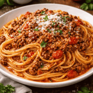 Pasta Bolognese, in a red pepper & tomato ragu.