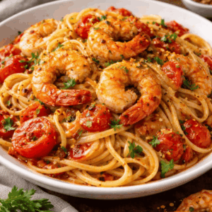 King Prawn Provencale linguine with king prawns, cherry tomatoes & onions, in a red pepper and tomato ragu with lots of garlic