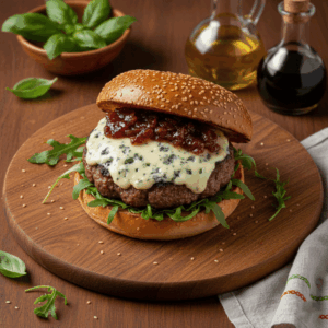 Moo & blue Burger with blue cheese, red onion marmalade