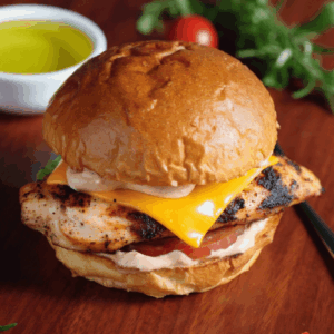 Cajun Chicken Burger, cajun chicken breast, cheddar cheese, chipotle mayo.